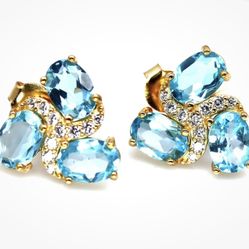 Swiss Blue Topaz & Cubic Zirconia Earrings NWOT 925 Sterling Silver 18K Gold Plated
