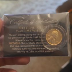 1943 Steel Wheat Cent. 24k Gold Plated