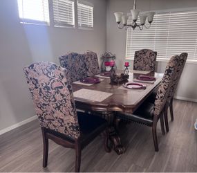 Dark Wood Dining Table with 6 Upholstered Chairs