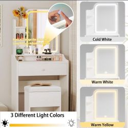 Makeup Vanity Desk with Mirror and Lights, Vanity Table Set with Storage Drawer & Chair & 3 Shelves