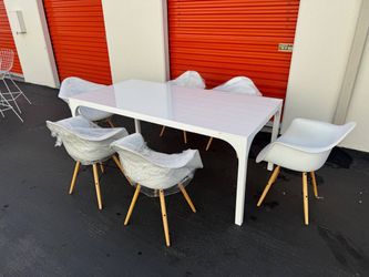 IKEA 7-pc dining set - white gloss table and 6 heavy plastic modern