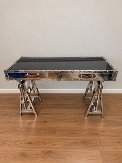Z Gallerie Flight Desk | Aviation Style | Stainless Steel & Black Glass