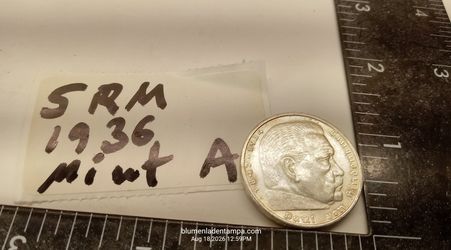 1936 A Germany 5 Reichsmark Silver Coin Hindenburg Berlin Mint Mark A