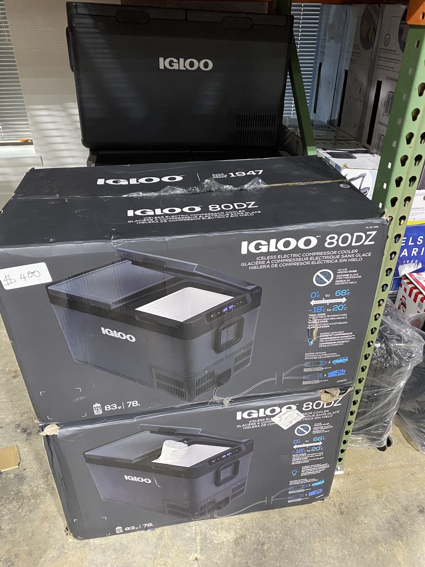 IGLOO 80DZ  ICELESS ELECTRIC COOLER, Energy Efficient, Digital Display, Interior LED lights  400$ 