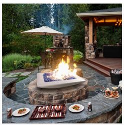 PONDO Versatile 26-Inch Square Cement Gas Fire Pit Kit with Blue Fire Glass, Natural Light Yellow Organic Finish Enchanting Fireplace for Garden Court