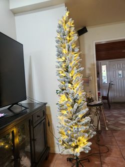 7ft Prelit Artificial Pencil Christmas Tree With Warm White Led Light And Snow 