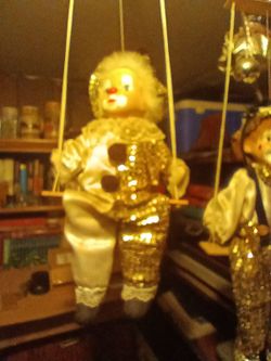 Vintage Colorful Porcelain and Sun & Moons Cloth Clown Doll Gold on Wooden Swing