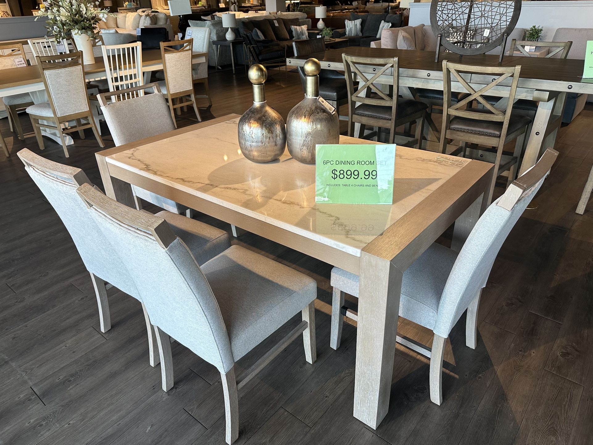 6PC White Wash Marble Top Dining Table