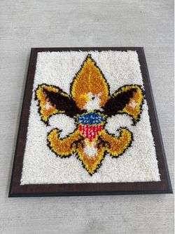 Vintage Framed Latch Hook Fleur-de-Lis Wall Hanging Scout Inspired Americana 26x22
