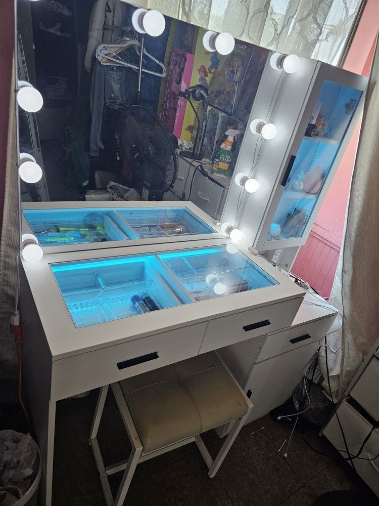43'' Makeup Vanity with Glass Top, White Vanity Desk with Mirror and Lights & Charging Station, Vanity Table Set with RGB