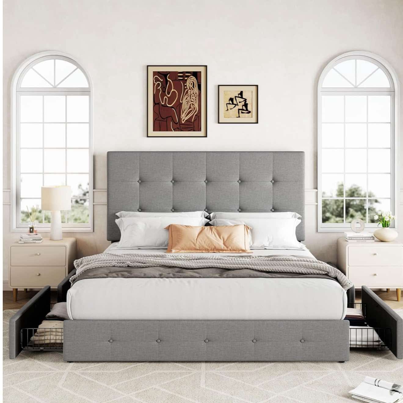 Upholstered Full Size Platform Bed Frame with 4 Storage Drawers , Light Grey O-14
