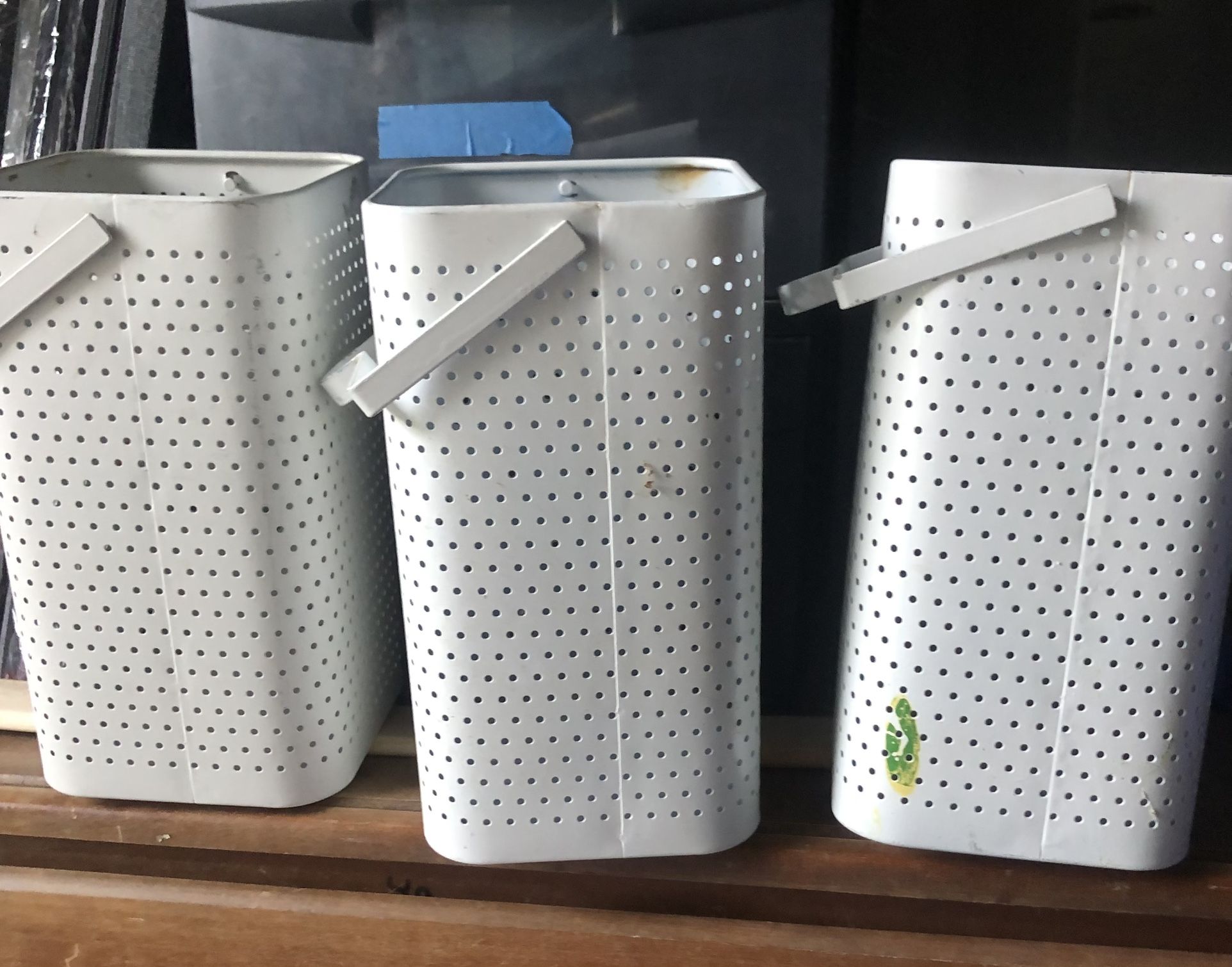 3 Metal Containers For Decor Solid Bottom With Pero formations On All Sides Good For Silk Flowers Or Use A Regular Vase In It