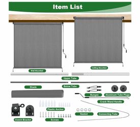 Outdoor Roller Shade 8' W x 6' H, Gray Exterior Cordless Patio Shades Roll Up Blinds with Spliced Pole Design, (2 Poles, One-Piece Fabric)