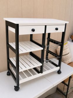 Kitchen Cart with Wood Top, Utensil Drawer, Under Cabinet Basket, and 2 Slatted Shelves, White Base
Measurement H. 29.6.  W. 24x 13
59 assembled 
50 b