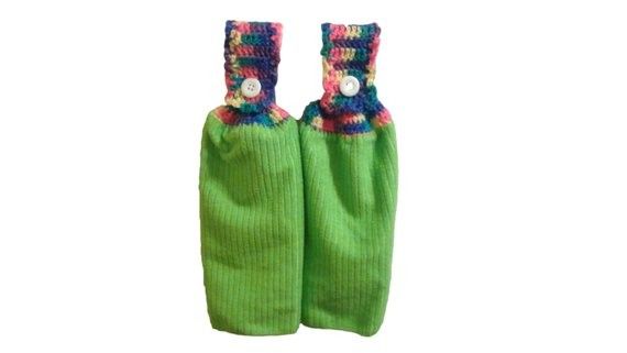 Oven Door Towels-Kitchen Towel Set-Lime Green and Rainbow Multi Color Hippie-Rainbow Crochet Top with White Buttons-Kitchen Towels Set of 2