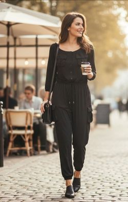 205 Collins Women's Size XL Cargo Jumpsuit Off-The-Shoulder Scoop Neckline Black. The item shown is a black utility 205 Collins cargo jumpsuit. It fea
