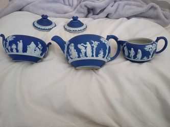 Wedgwood Dark Blue Jasperware Tea Set Antique Teapot, Creamer And Sugar Bowl