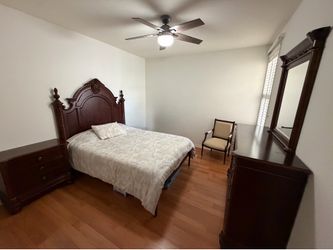Queen bedroom set: Headboard, Dresser, Mirror, Nightstand & Chair