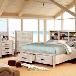 Brand New 4 PC Rustic White Washed Storage Bedroom Set
