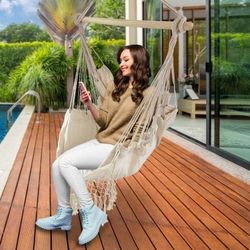 Hanging Rope Swing Hammock Chair with Side Pocket and Wooden Spreader Bar - Ivory