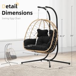 Double Wicker Swing Egg Chair Hammock Foldable Hanging Loveseat with Stand, UV Resistant Removable Cushions, 700LBS Capacity for Bedroom, Balcony (Yel