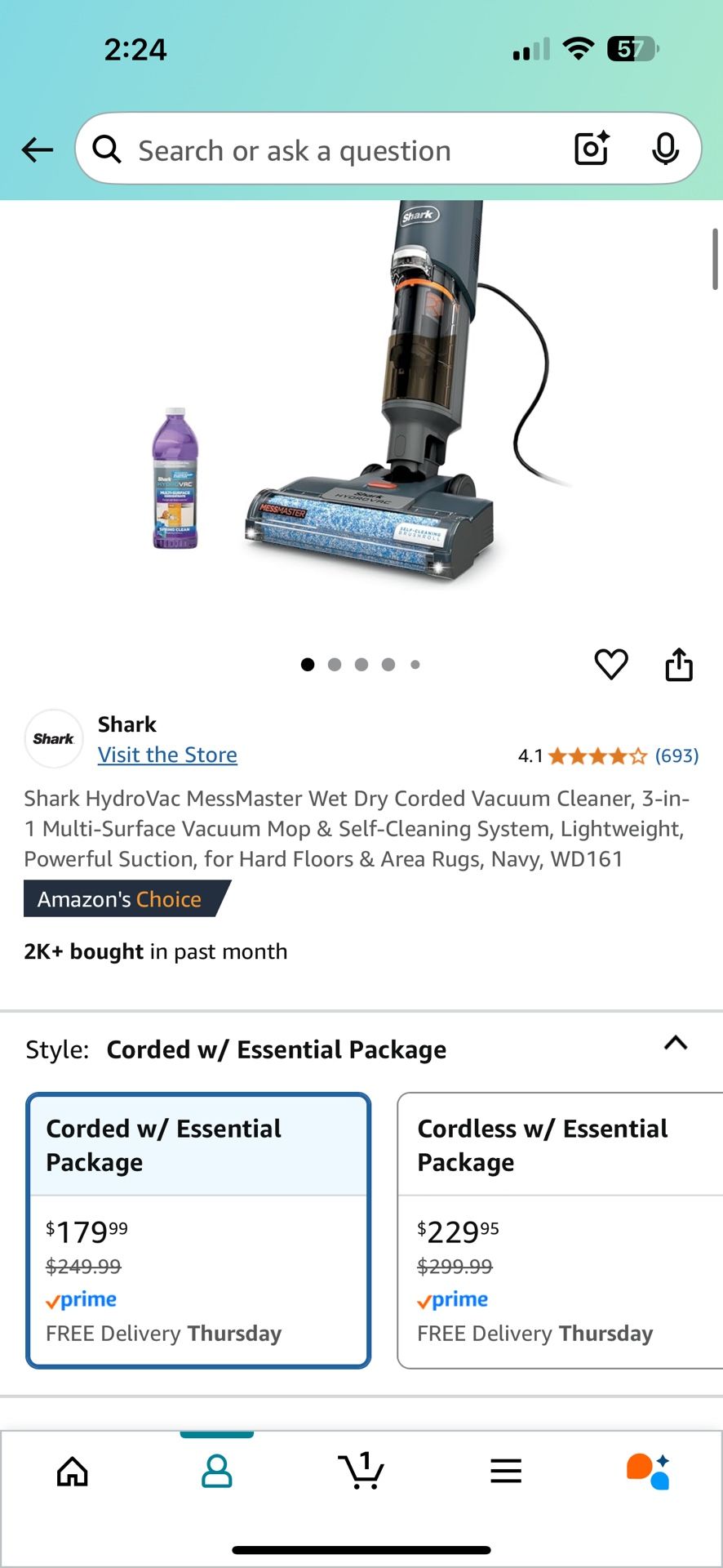 Shark HydroVac MessMaster Wet Dry Corded Vacuum Cleaner, 3-in-1 Multi-Surface Vacuum Mop & Self-Cleaning System, Lightweight, Powerful Suction, for Ha