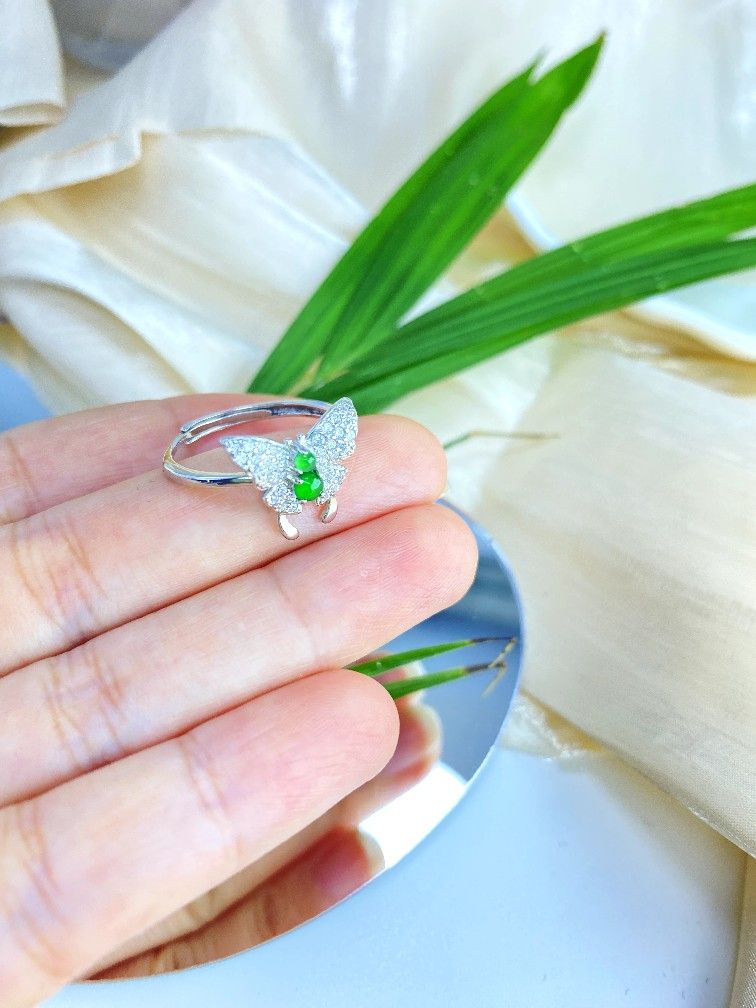 Diamond Ring Green Jade Butterfly Ring Silver Butterfly Ring, S925