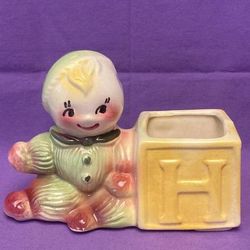 Vintage American Bisque baby rag doll with toy block ceramic planter 
