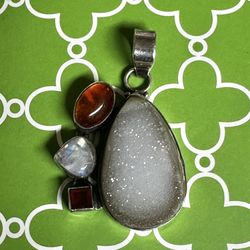 Sterling silver vintage druzy moonstone amber and garnet pendant