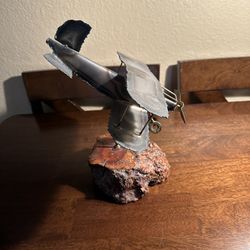 Vintage Mid Century Brutalist Metal Sopwith Triplane on Wood Art Sculpture