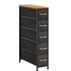 Narrow Dresser Storage Tower with 5 Drawers, Slim Dresser Chest of Drawers with Steel Frame, Wood Top, Dresser for Bedroom, Bathroom, Small Spaces, La