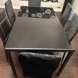 Glass Dinner Table W/ 6 Leather Chairs