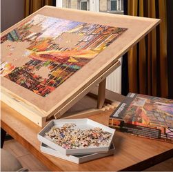 Puzzle Board with 4 Angle Adjustable Bracket/Stand, Wooden Puzzle Table with Premium