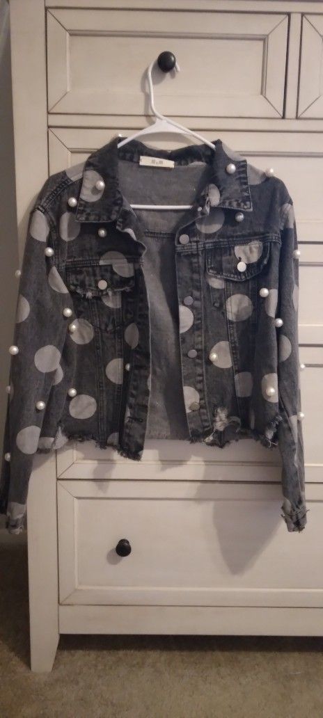 Black Polka Dot Denim Jacket With Pearl Detailing
