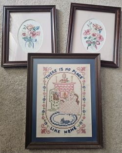 Vintage Knit Cross Stitched Handmade Framed Art