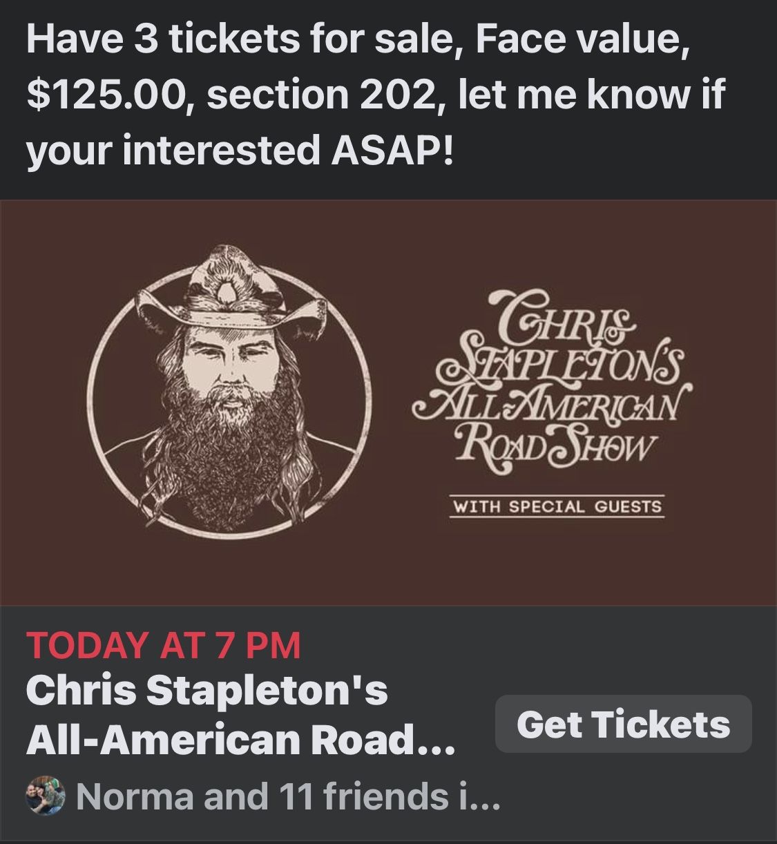 (3) Chris Stapleton Tickets For Tonight