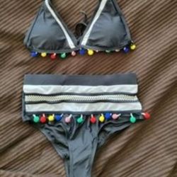 Women's High Waist Bikini Set Stripe Tassel Rainbow Pom Pom Mesh Black M