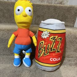 Bart Simpson Plush Doll 13" Soft Eyes & Buzz Cola can set of 2 The Simpsons