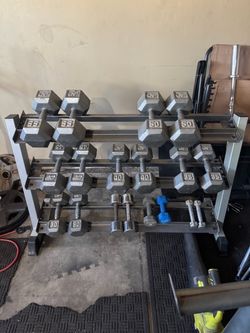 Dumbbells weights 3-55lbs plus heavy duty rack 560lbs total