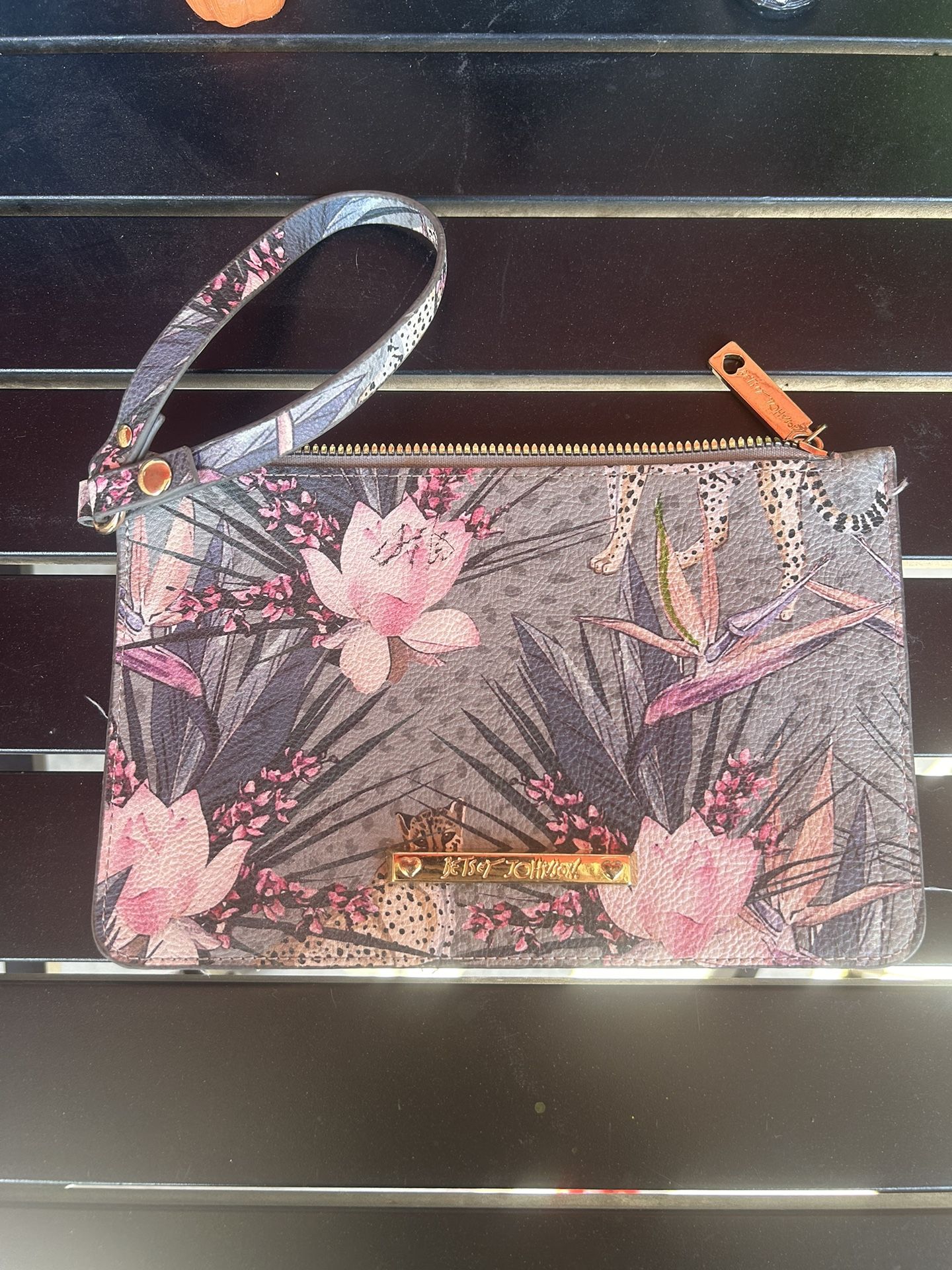 Betsey Johnson Floral Leopard Wristlet with Strap 8.5” L X 5.5”H