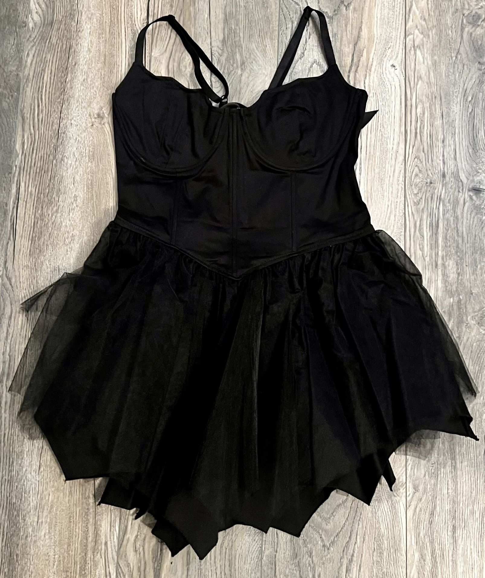 Widow Corset Dress Womens Large Black Tulle Skirt Gothic Lace Up Romper