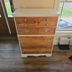 Refinished Vintage White Highboy Dresser w/ Stained Wood Drawers 
