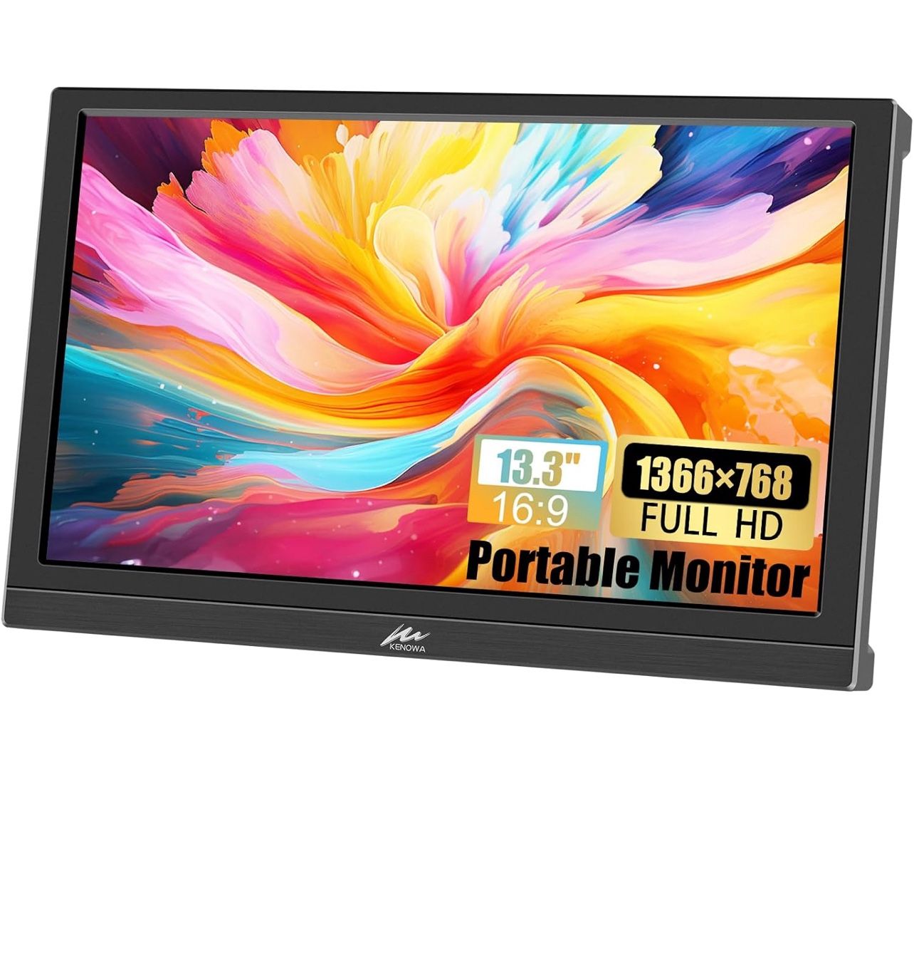 Kenowa Portable Monitor 13.3 Inch HD 1366x768P LED Screen Small HDMI Monitor Built-in Speaker and Adjustable Stand HDMI VGA Port, External Display for