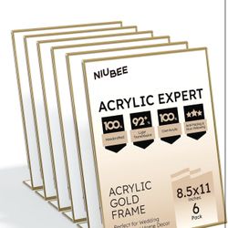 New NIUBEE 8.5 x 11 Gold Frames, 6 Pack Acrylic Slanted Back Gold Picture Frames for Signs, Menu, Flyer and Art Display, Perfect for Wedding, Party, E