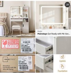 Mainstays GRWM White Vanity Table LED Lighted Mirror Storage