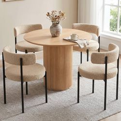 L376-Boucle Dining Chairs Set of 4, Beige Dining Chairs with Upholstered Seat and Round Back, Mid-Century Modern Kitchen Chairs for Dining Room, Resta