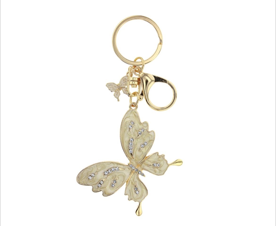 White Crystal Gold Tone Butterfly Key Chain  