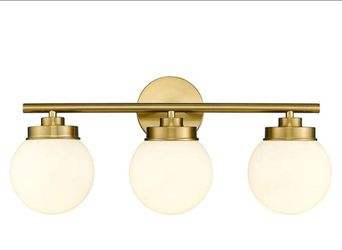LMS Gold 3 light vanity light with white globes 21 1/2"