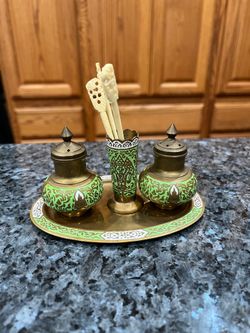 Vintage Mid Century Brass Enamel Hindu Deity Tray with pair of Salt and Pepper Shakers and  Toothpick Holder.   Size approximately of tray 5 inches lo