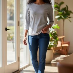 Talbots Blue Gray Embellished Cotton Top Women Large Rhinestone Preppy Classic